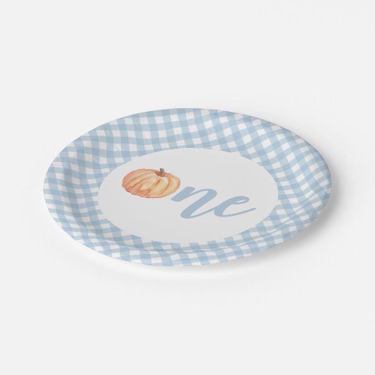 Little Pumpkin pastel blue plaid eerste verjaardag Papieren Bordje (Gekanteld)