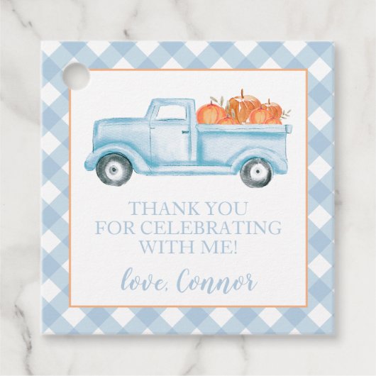 Little Pumpkin Pastel Blue truck eerste verjaardag Bedankjes Labels (Voorkant)
