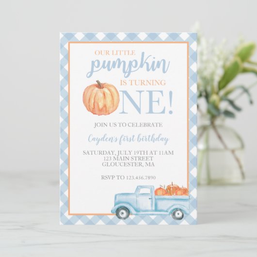 Little Pumpkin Pastel Blue truck eerste verjaardag Kaart (Staand voorkant)