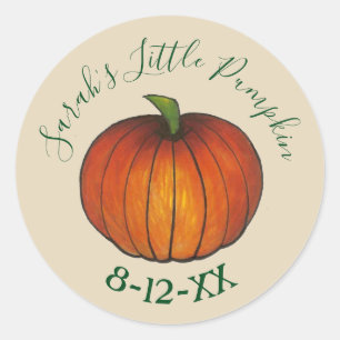 Little Pumpkin Personalized Baby shower Birth Date Ronde Sticker