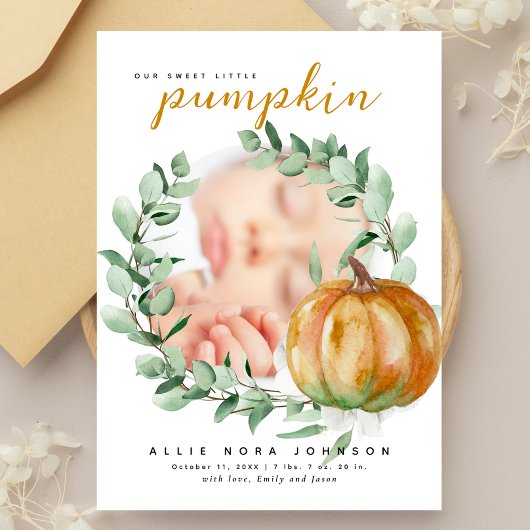 Little Pumpkin Photo Fall Greenery Baby Shower  Bedankkaart