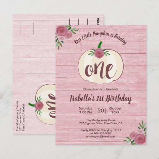Little Pumpkin Pink 1e Verjaardagsfeestuitnodiging Briefkaart (Voorkant / Achterkant)