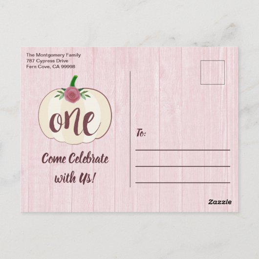 Little Pumpkin Pink 1e Verjaardagsfeestuitnodiging Briefkaart (Achterkant)