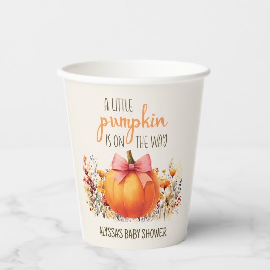 Little Pumpkin Pink Bow Baby Girl Shower Papieren Bekers (Voorkant)