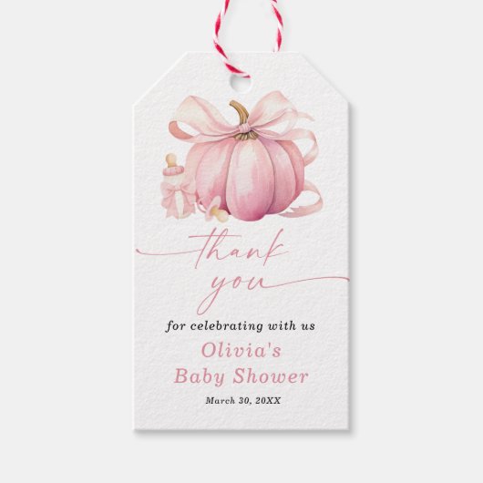 Little Pumpkin Pink Bow Baby shower Bedankt Cadeaulabel (Voorkant)
