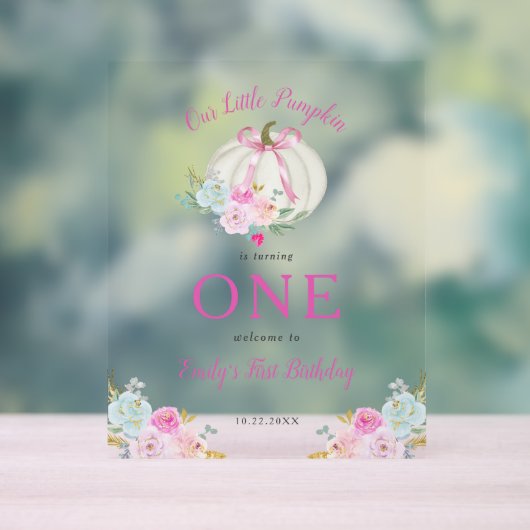 Little Pumpkin Pink Bow Girls 1st Verjaardag Welko Acryl Bord (Neutraal)