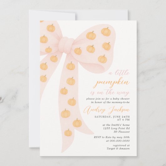 Little Pumpkin Pink Coquette Bow Baby shower Kaart (Voorkant)