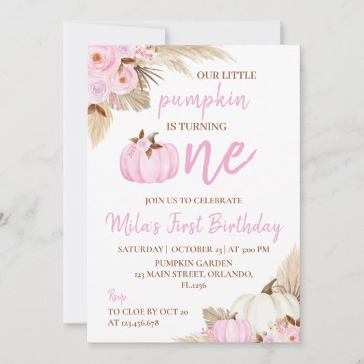 Little Pumpkin Pink eerste verjaardag uitnodiging (Voorkant)