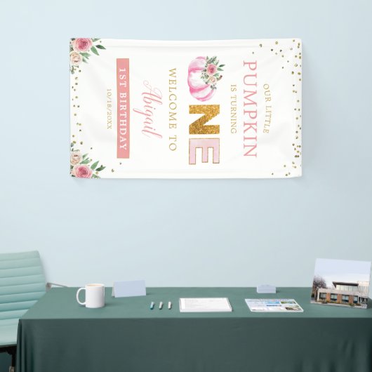 Little Pumpkin Pink Floral 1e Verjaardag Welkom Spandoek (Beurs)