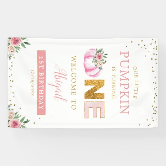 Little Pumpkin Pink Floral 1e Verjaardag Welkom Spandoek (Horizontaal)