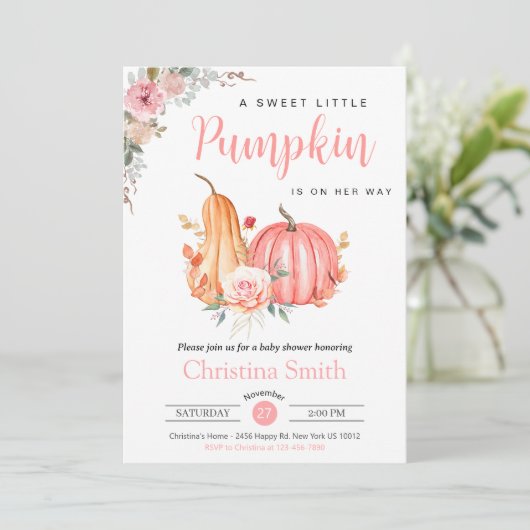Little Pumpkin Pink Floral Baby Girl Shower Kaart (Staand voorkant)