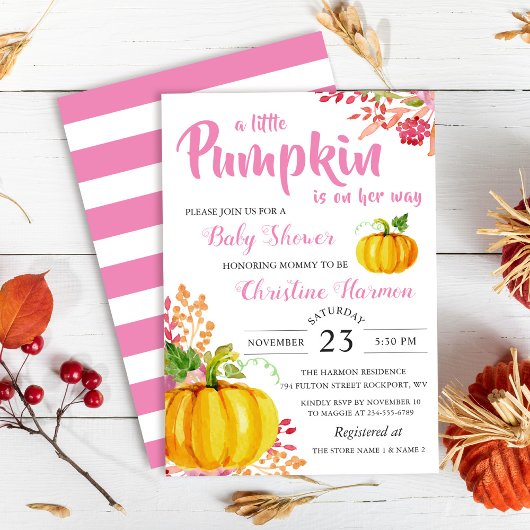 Little Pumpkin Pink Floral Baby shower Invitation Kaart