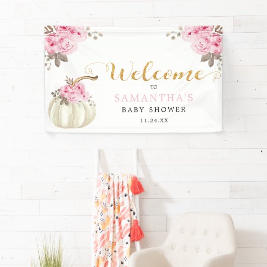 Little Pumpkin Pink Floral Baby shower Welkom Spandoek (Insitu)