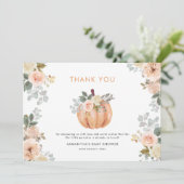 Little Pumpkin Pink Floral Fall Baby Shower Bedankkaart (Staand voorkant)