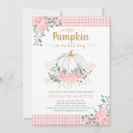 Little Pumpkin Pink Floral Gingham Baby shower Kaart (Voorkant)