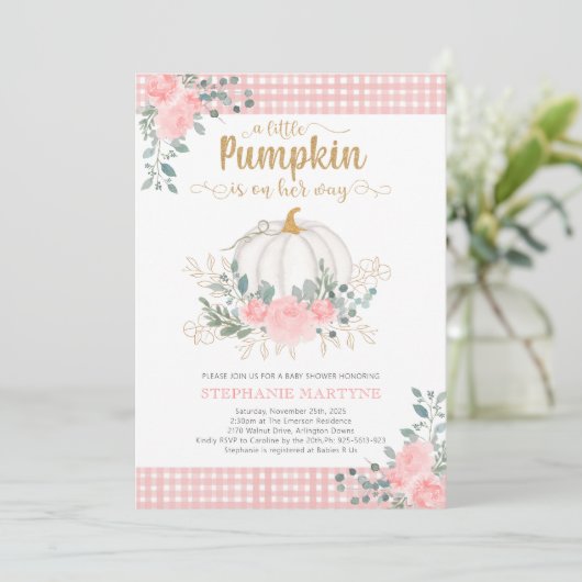 Little Pumpkin Pink Floral Gingham Baby shower Kaart (Staand voorkant)