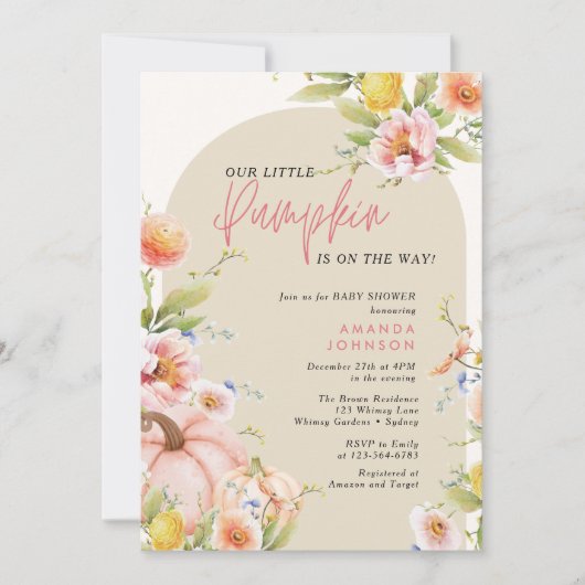 Little Pumpkin Pink Floral Herfst baby shower Kaart (Voorkant)