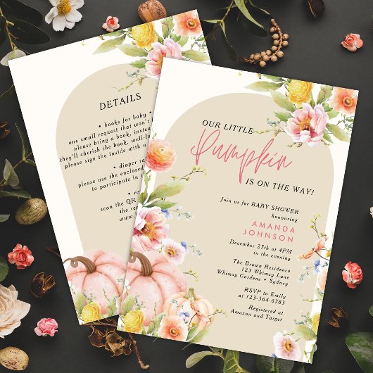 Little Pumpkin Pink Floral Herfst baby shower Kaart