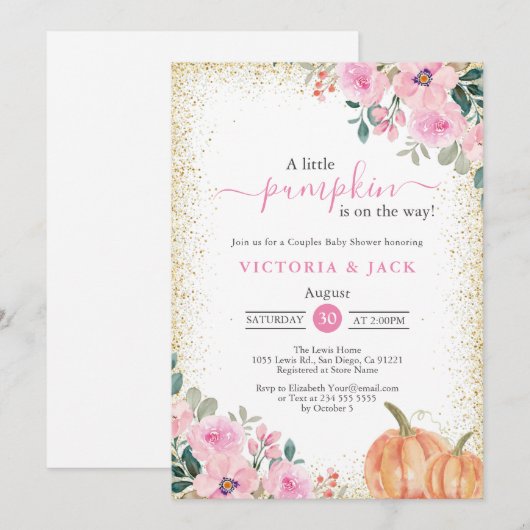 Little Pumpkin Pink Floral Herfst Baby shower Kaart (Voorkant / Achterkant)
