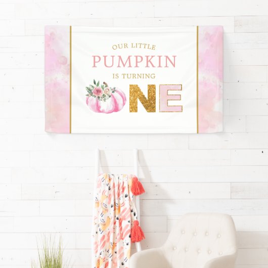 Little Pumpkin Pink Floral Herfst Meisje 1e Verjaa Spandoek (Insitu)