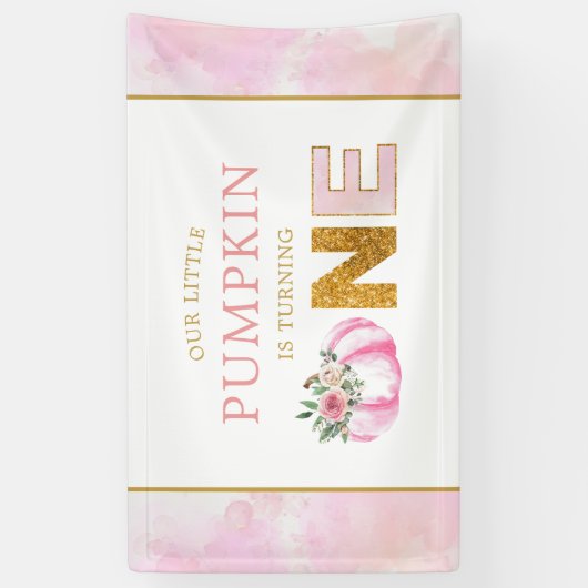 Little Pumpkin Pink Floral Herfst Meisje 1e Verjaa Spandoek (Verticaal)