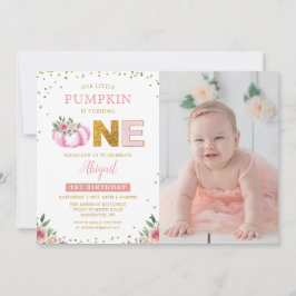 Little Pumpkin Pink Gold Floral 1e Verjaardag Foto Kaart