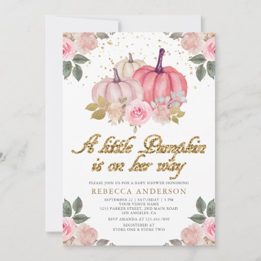 Little Pumpkin Pink Gold Floral Baby shower Kaart (Voorkant)