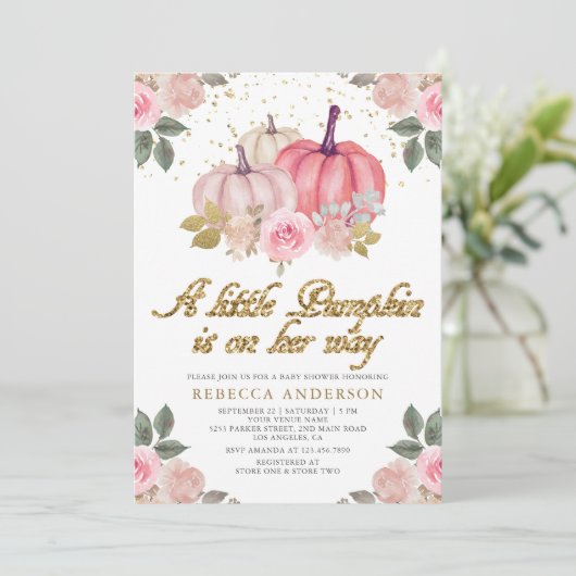 Little Pumpkin Pink Gold Floral Baby shower Kaart (Staand voorkant)