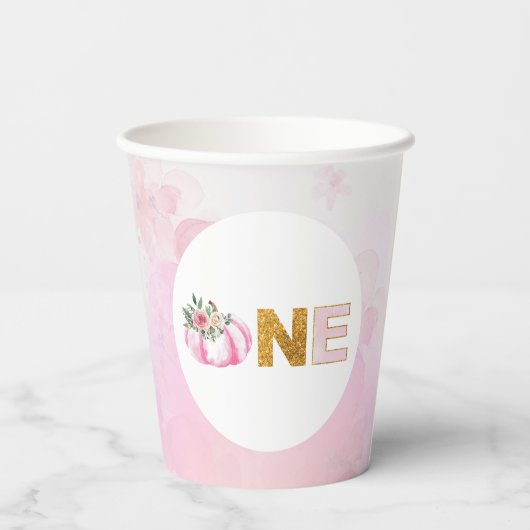 Little Pumpkin Pink Gold Floral Meisje 1e Verjaard Papieren Bekers (Achterkant)