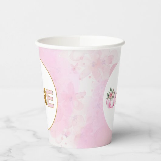 Little Pumpkin Pink Gold Floral Meisje 1e Verjaard Papieren Bekers (Links)