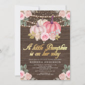 Little Pumpkin Pink Gold Floral Wood Baby shower Kaart (Voorkant)