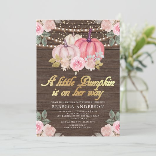 Little Pumpkin Pink Gold Floral Wood Baby shower Kaart (Staand voorkant)