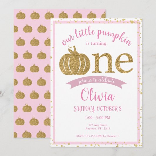 Little Pumpkin Pink Gold Glitter First Birthday Kaart (Voorkant / Achterkant)