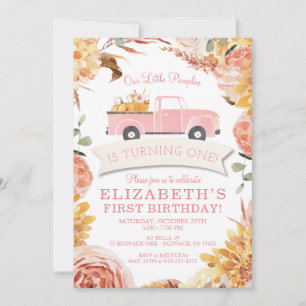 Little PUMPKIN PINK Truck GIRL 1st Birthday Party Kaart