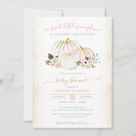 Little Pumpkin Pink White Gold Girl Baby shower Kaart (Voorkant)