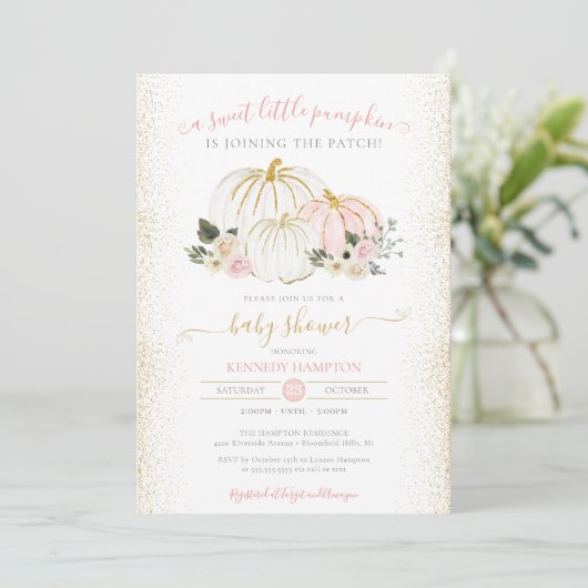 Little Pumpkin Pink White Gold Girl Baby shower Kaart (Staand voorkant)
