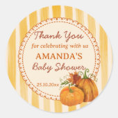 Little pumpkin retro stripes baby shower favor ronde sticker (Voorkant)