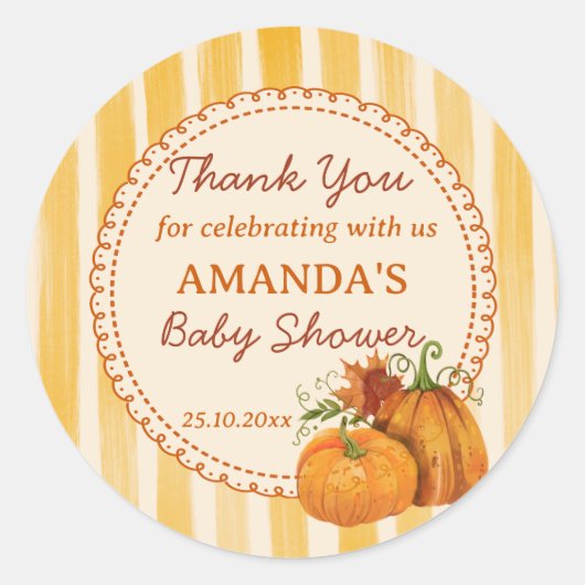 Little pumpkin retro stripes baby shower favor ronde sticker (Voorkant)