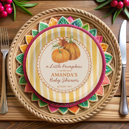 Little pumpkin retro stripes baby shower monogram papieren bordje