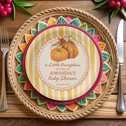 Little pumpkin retro stripes baby shower monogram papieren bordje
