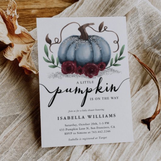 Little Pumpkin Rustic Blue Silver Baby shower Kaart