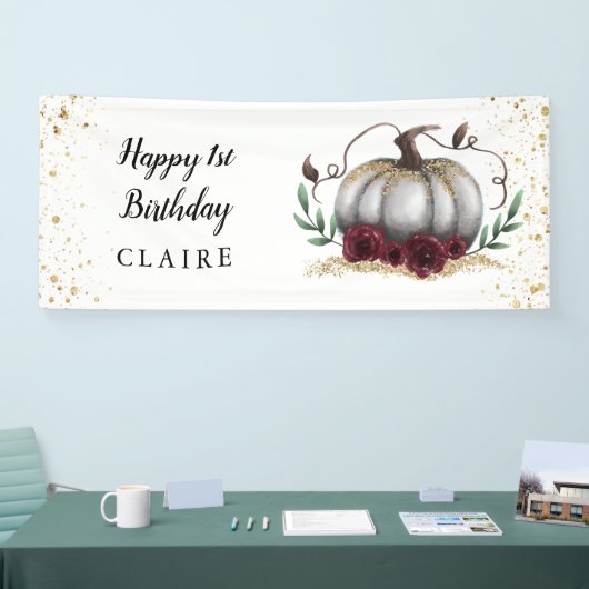 Little Pumpkin Rustic Burgundy Gold Birthday Party Spandoek (Beurs)