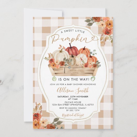 Little Pumpkin Rustic Floral Gingham Baby shower Kaart (Voorkant)