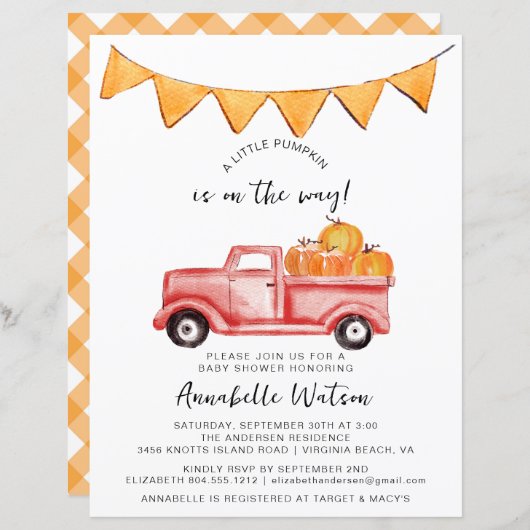 Little Pumpkin Rustic Herfst Baby shower Invitatio (Voorkant / Achterkant)