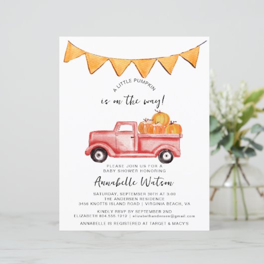 Little Pumpkin Rustic Herfst Baby shower Invitatio (Staand voorkant)