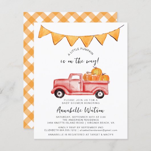 Little Pumpkin Rustic Herfst Baby shower Invitatio (Voorkant / Achterkant)