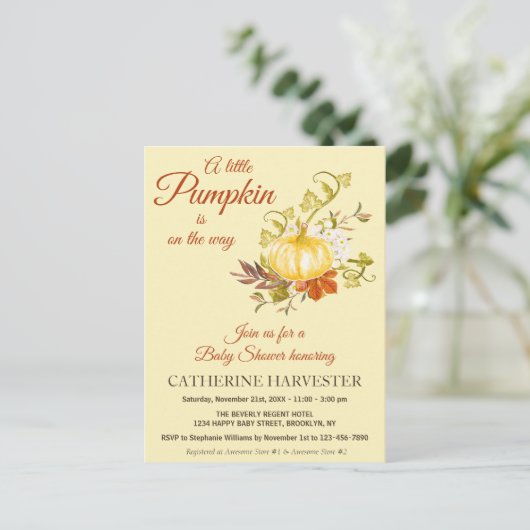 Little Pumpkin Rustic Herfst Baby shower Invitatio Briefkaart (Staand voorkant)