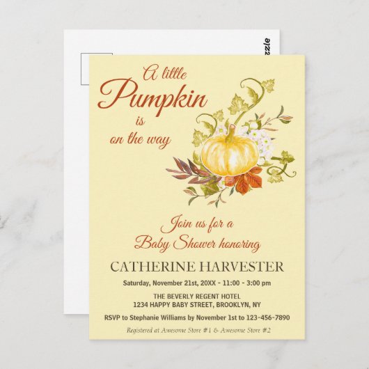 Little Pumpkin Rustic Herfst Baby shower Invitatio Briefkaart (Voorkant / Achterkant)