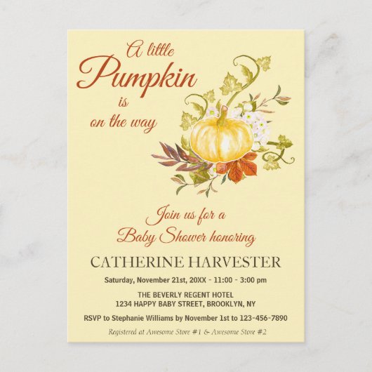Little Pumpkin Rustic Herfst Baby shower Invitatio Briefkaart (Voorkant)