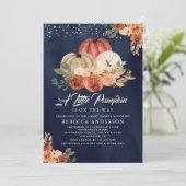 Little Pumpkin Rustic Navy Terracotta Baby shower Kaart (Staand voorkant)